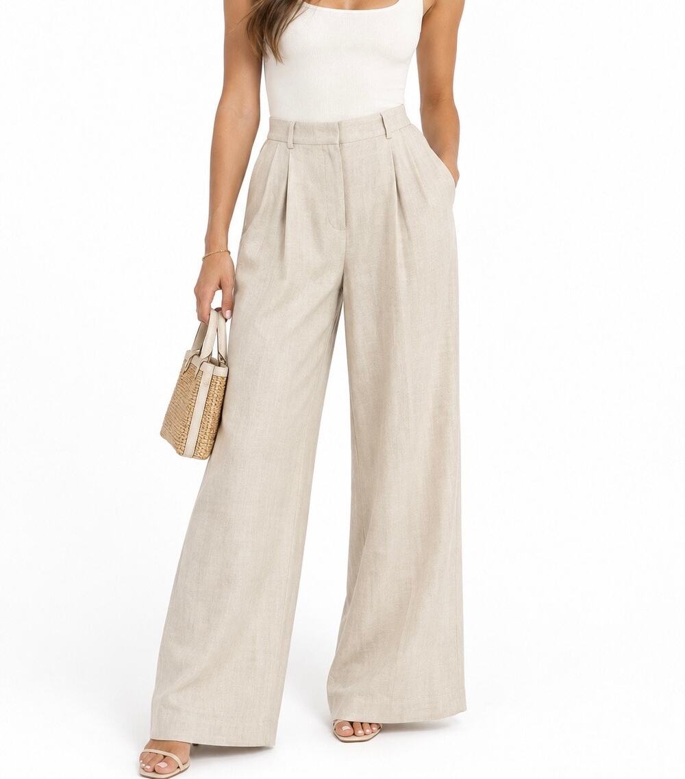 NWT Magaschoni 100% Linen Beige Pleated Wide Leg Pants Women’s Size Large